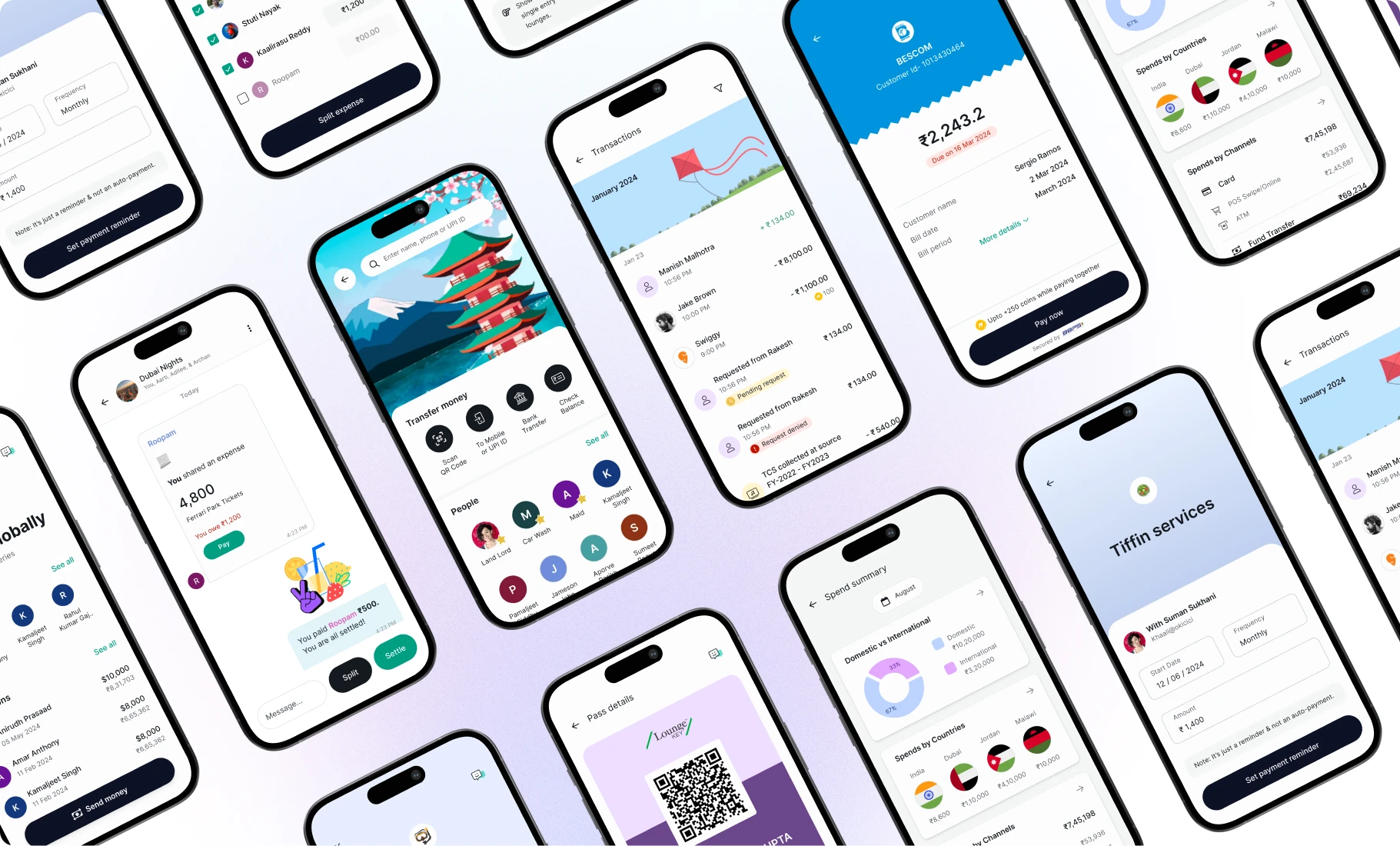 A tilted wall of Niyo app screens — UPI transfers, bill payments, spend analytics, lounge pass QR code, split expenses, and country-wise remittance — representing the breadth of projects worked on