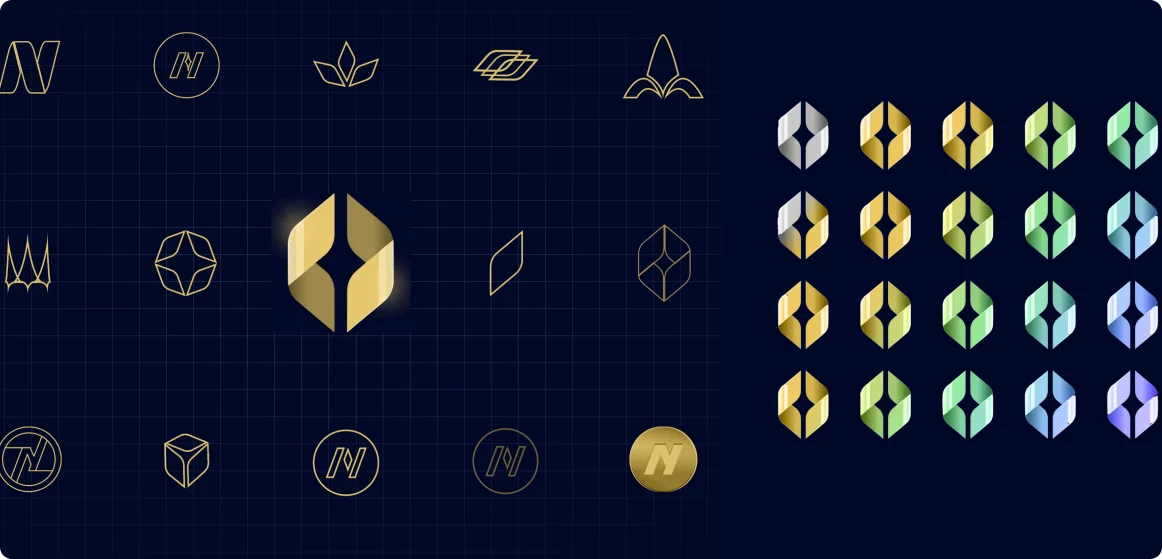Visual identity explorations for the Niyo Premium brand mark, including icon studies and a gradient badge color system