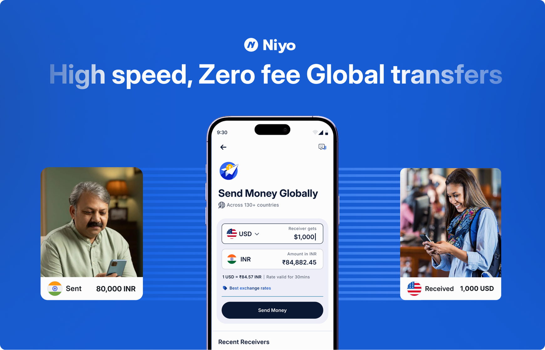 Niyo Remittance launch banner: High speed, zero fee global transfers, with sent and received transaction cards