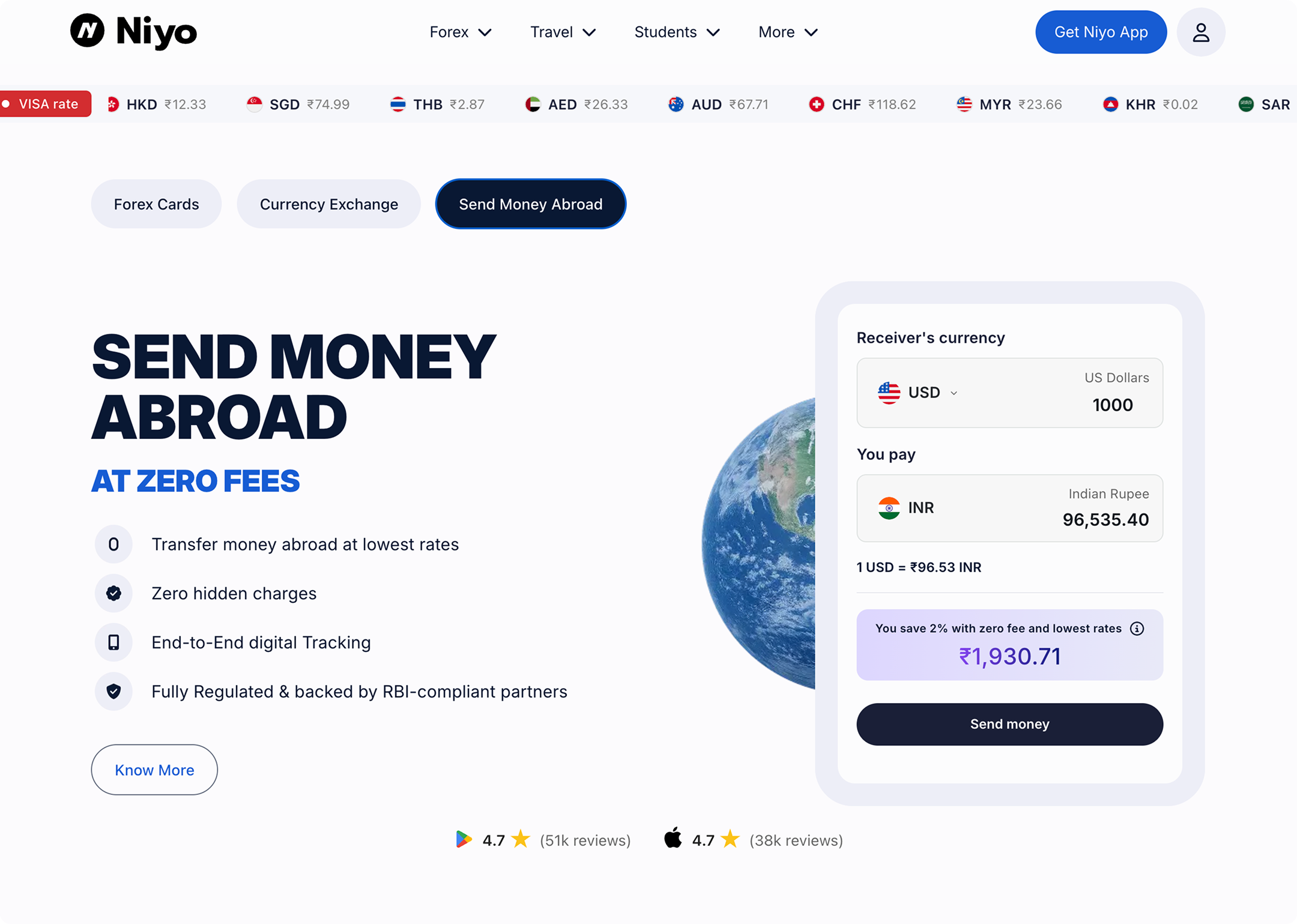 Niyo website Send Money Abroad landing page with zero-fee transfer calculator