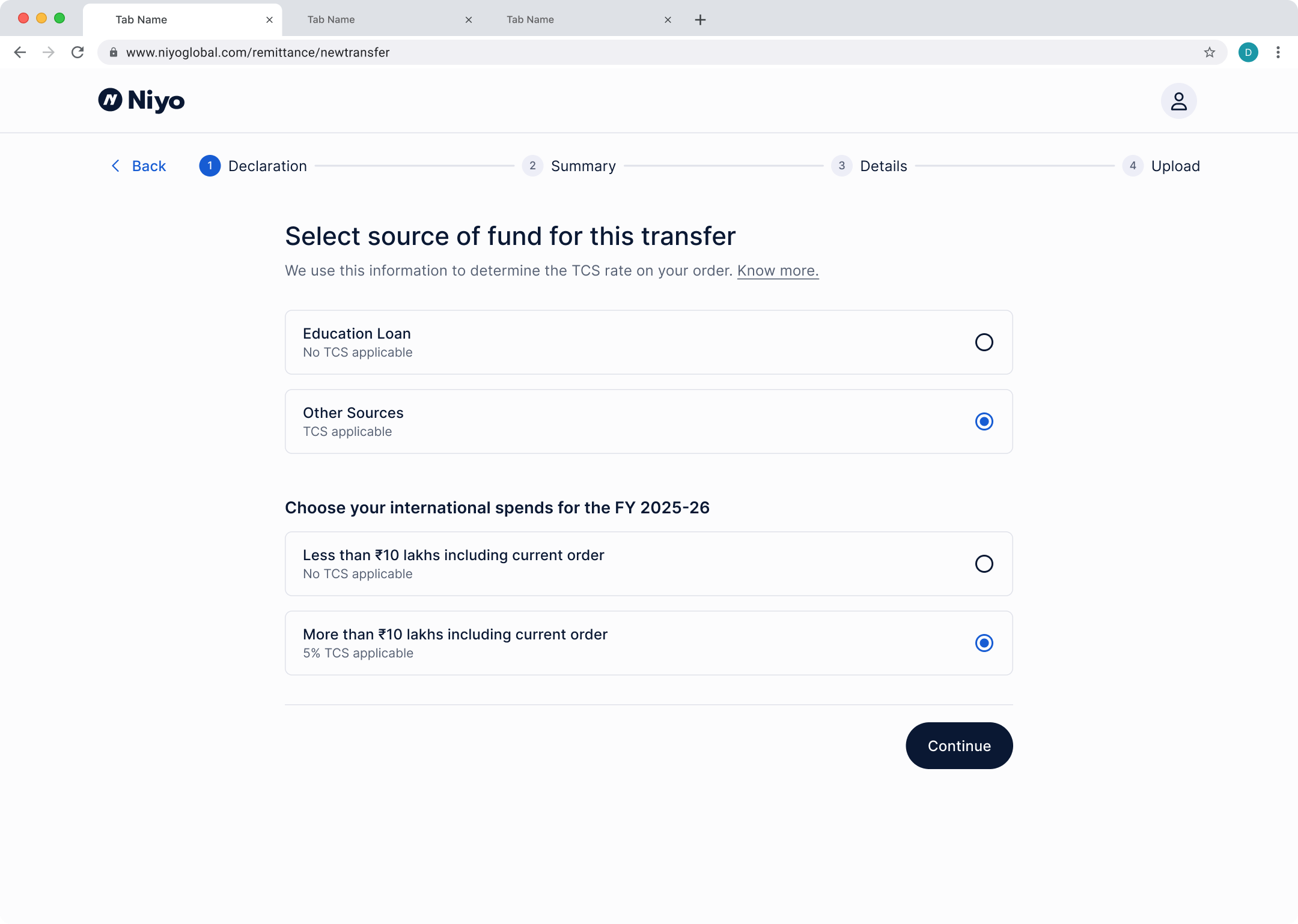 Website step to select source of fund and international spend for the financial year