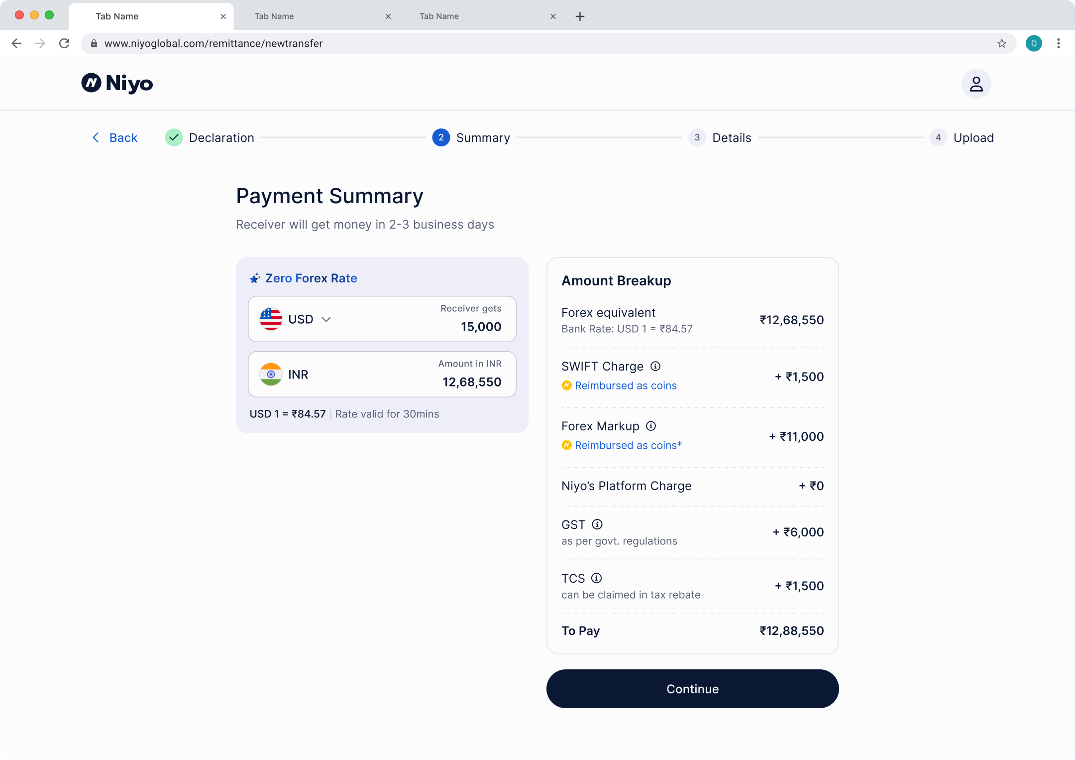 Website payment summary screen with a full amount breakup