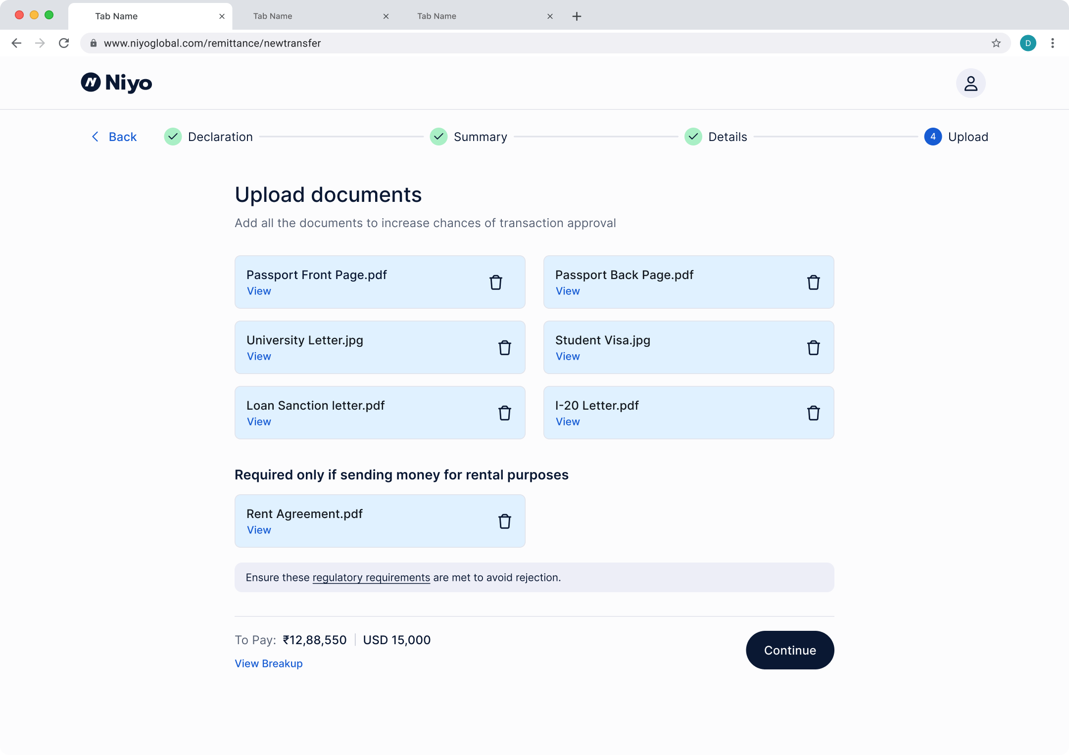 Website document upload screen for transfer approval