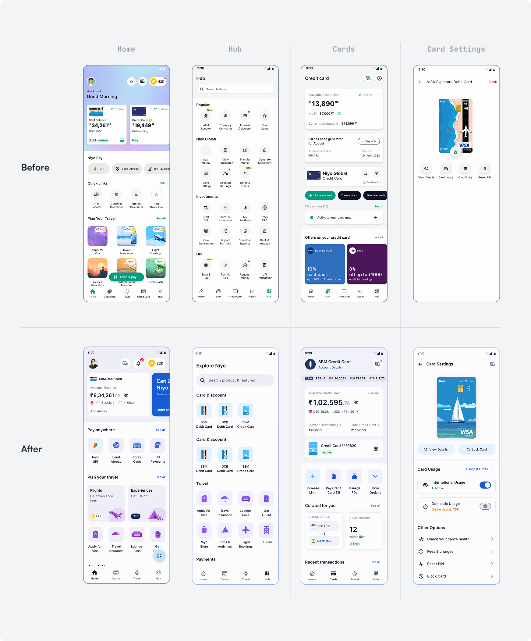 Before and after screens for Home, Hub, Cards, and Card Settings following the ADAPT redesign
