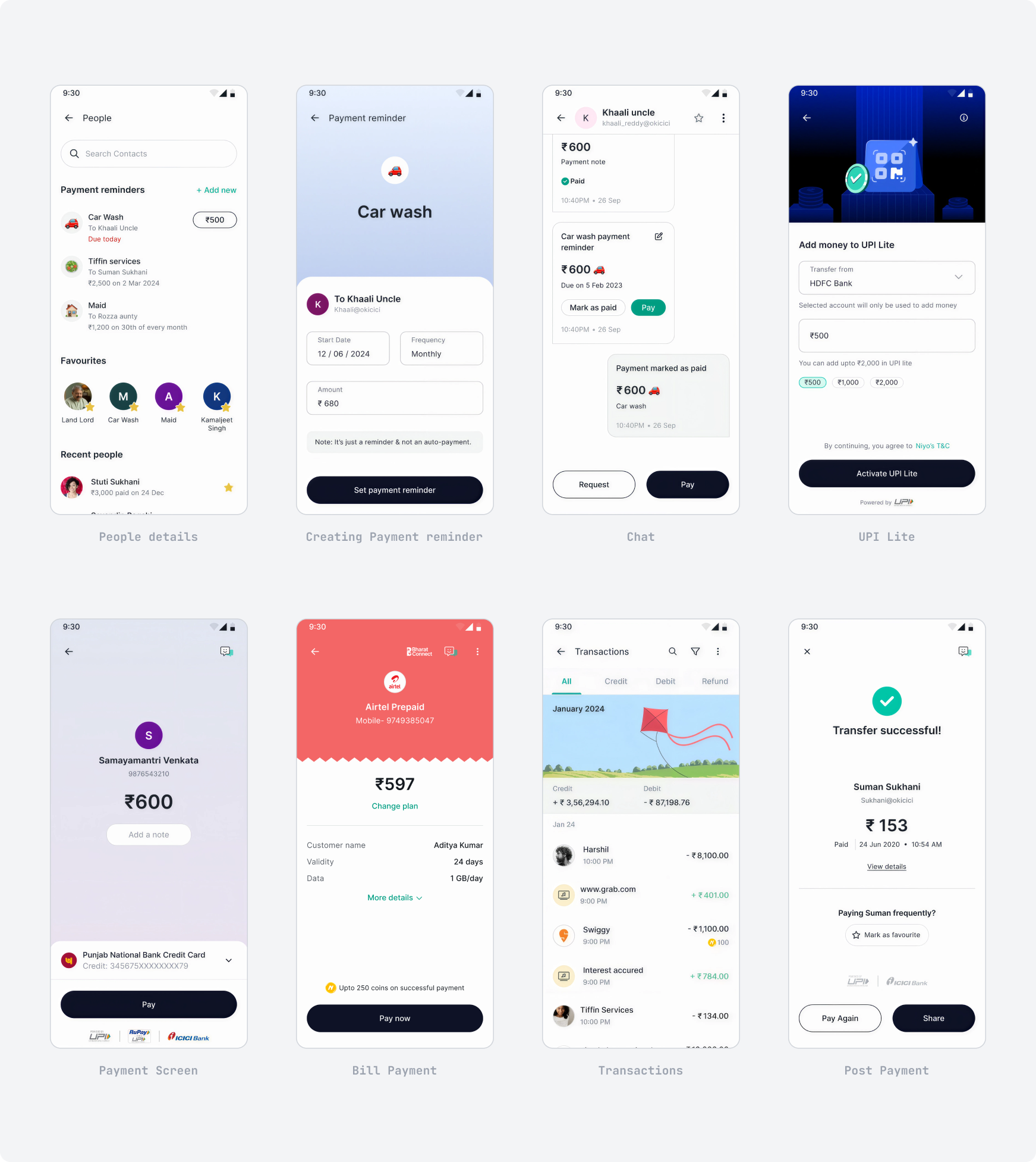 Niyo UPI screens: people details, creating a payment reminder, chat, UPI Lite, payment screen, bill payment, transactions, and post-payment confirmation