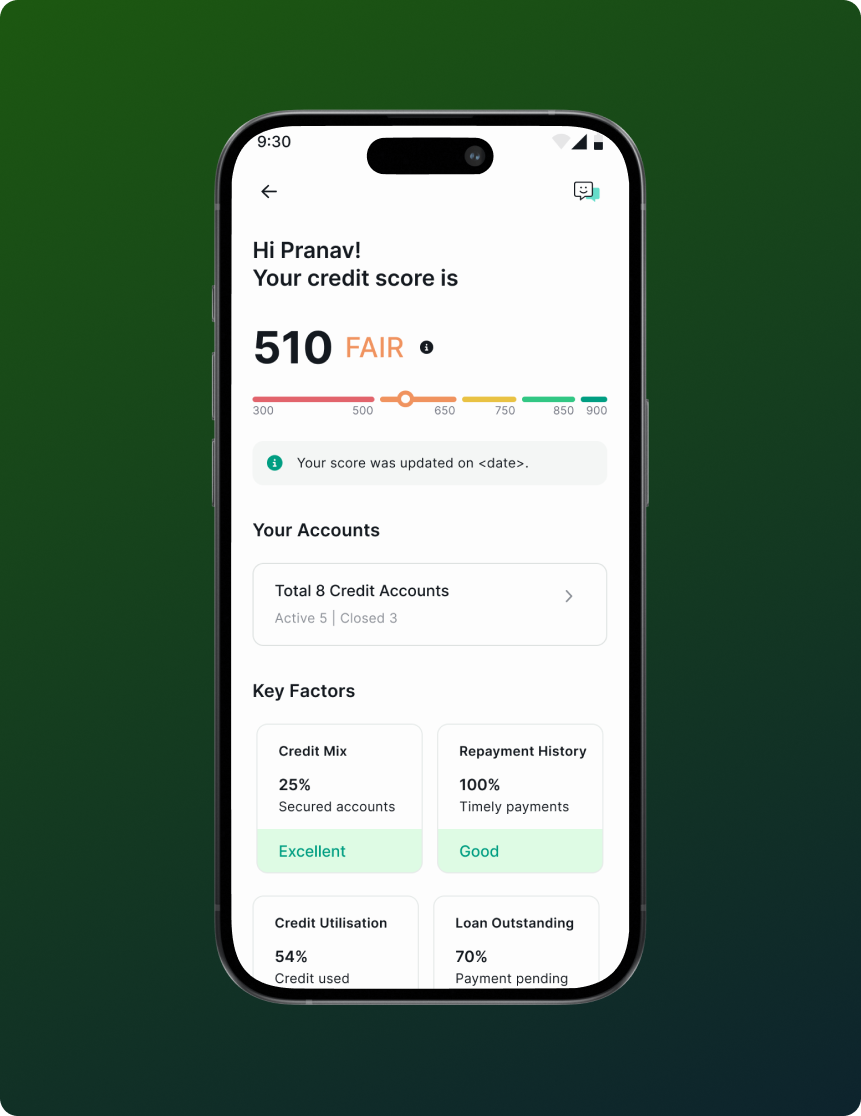 Credit score feature showing score, key factors, and repayment history