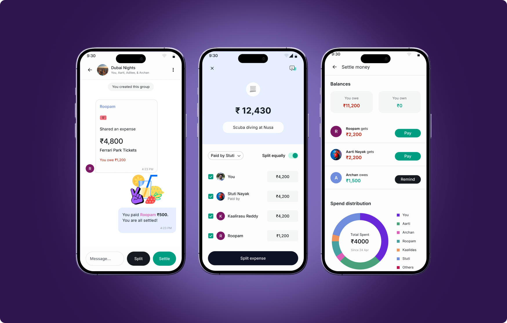 Group Spends feature: shared expense chat, splitting a bill, and settling balances between friends