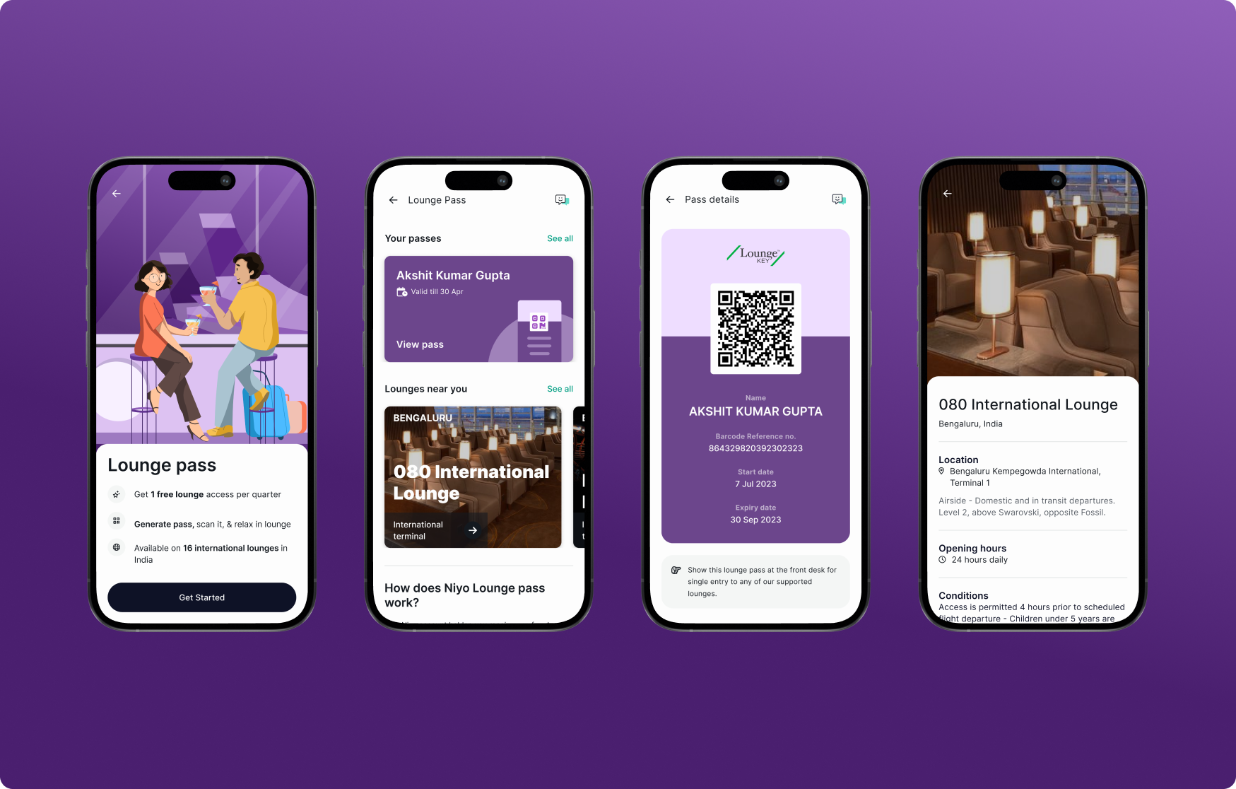 Lounge access feature: pass, hotel game night, QR check-in, and international lounge screens