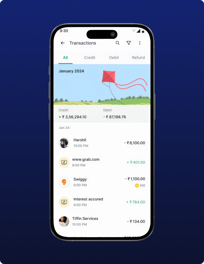 Unified Transactions feature showing a combined transaction feed with spend chart
